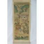 A Chinese scroll silk painting depicting a man chasing a double headed snake from his house with a