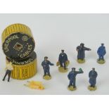 Six vintage small lead model railway worker figures together with two model rolls of cable by