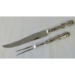 A HM silver handled meat fork and carving knife, with box, sharpening tool deficient,