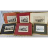 Six engravings of English bridges: hand coloured Southwark iron bridge (sight size 14cm x 18cm);