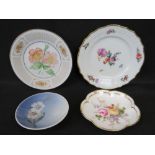 A Royal Copenhagen floral handpainted plate, together with a Royal Crown Derby poses pin dish,