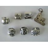 Charms; six Pandora style bead charms - four stamped 925 and two unmarked,