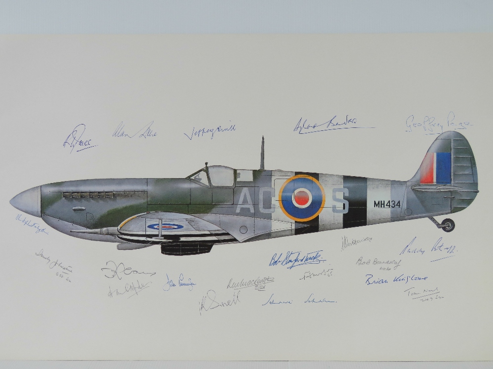 Colour print; profile of a Spitfire, signed Douglas Bader, Geoffrey Paige and nineteen others,