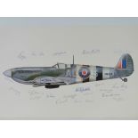 Colour print; profile of a Spitfire, signed Douglas Bader, Geoffrey Paige and nineteen others,