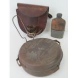 A WWI Officer's horse shoes/ sword frog, mess tin and a flask with cup.