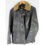 A vintage black leather Kreigsmarine type five button coat with faux fur collar (vendors late uncle