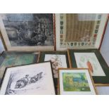 A collection of six various pictures and prints including: Susanah Tamkin pencil study of camels