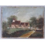 A naïve oil on wooden panel, early 19thC painting; church and church yard, trees and sky beyond,