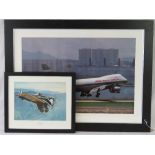 A large framed colour photographic print of a landing Boeing 747 Cathay Pacific Cargo plane 49cm x