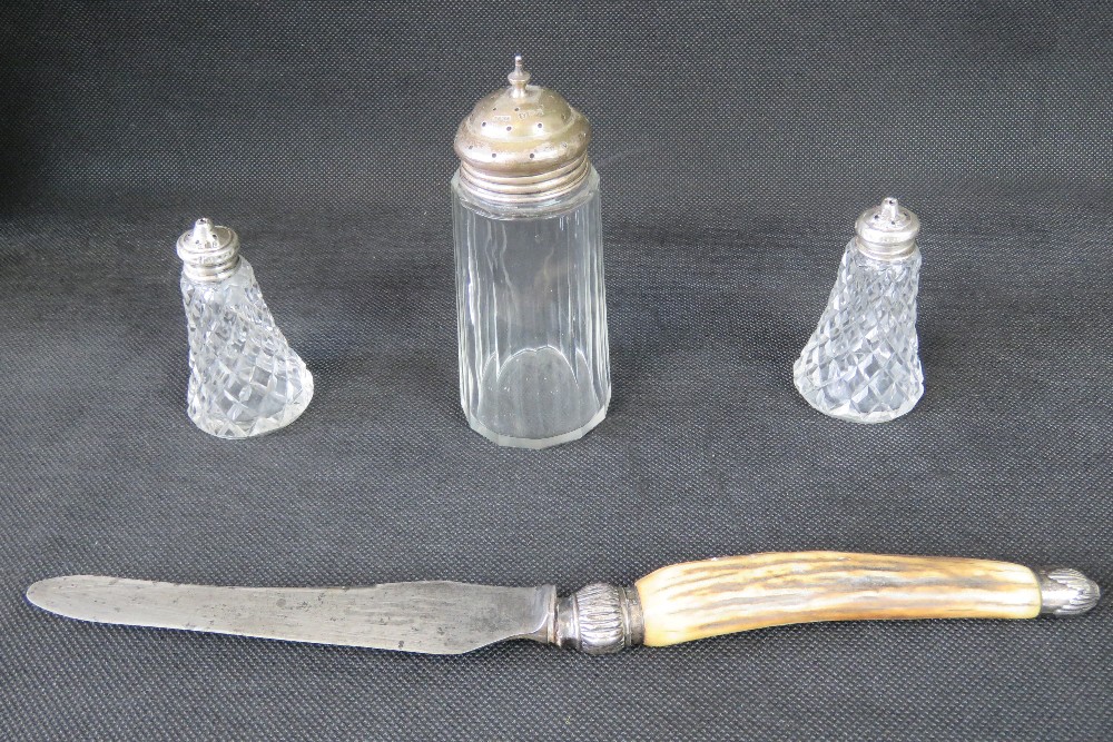 A quantity of HM silver items; a cut glass sugar caster with silver top - Birmingham 1909,