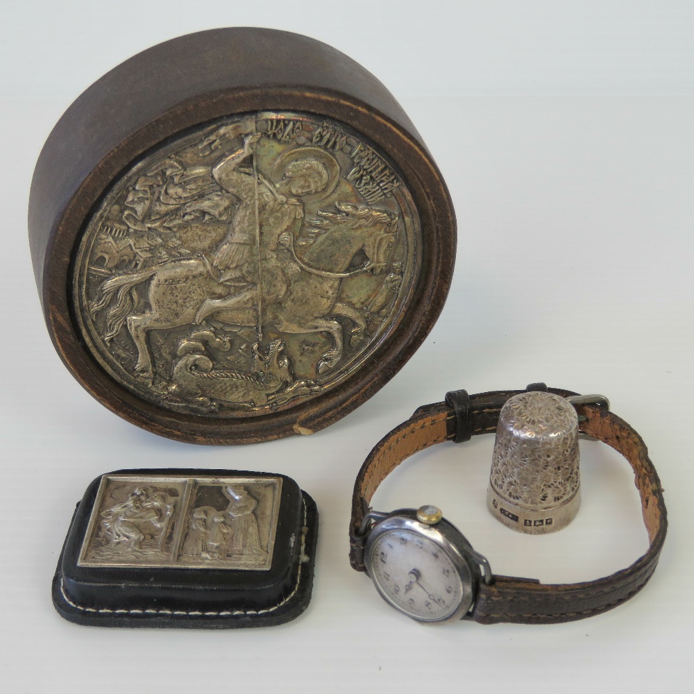 A quantity of silver and white metal ephemera including a Swiss made ladies wristwatch hallmarked