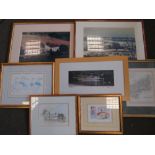 A collection of seven pictures featuring an Alison Coker watercolour of a barn (sight size 16cm x