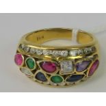 A 14ct gold ring two rows of white stones with a central cluster of multi colour gemstones in