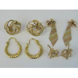 Four pairs of 9ct gold earrings;