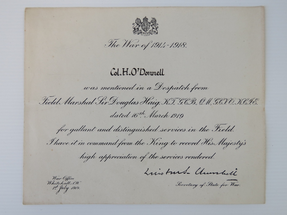 A WWI certificate for Col. H. O'Donnell