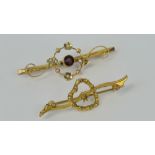 Two gold brooches; one with curved bar and heart design, stamped 9ct,