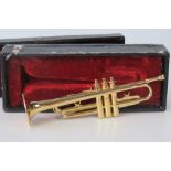 An unusual vintage miniature yellow metal replica trumpet in original case, a/f.