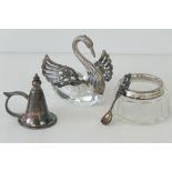 A delightful HM silver and glass salt in the form of a swan with articulated wings,