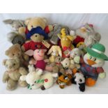 Over 20 late 20th century soft toys including Paddington Bear (25cm high) and Piglet;