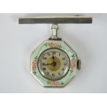 A silver and guilloche enamel ladies pendant watch,