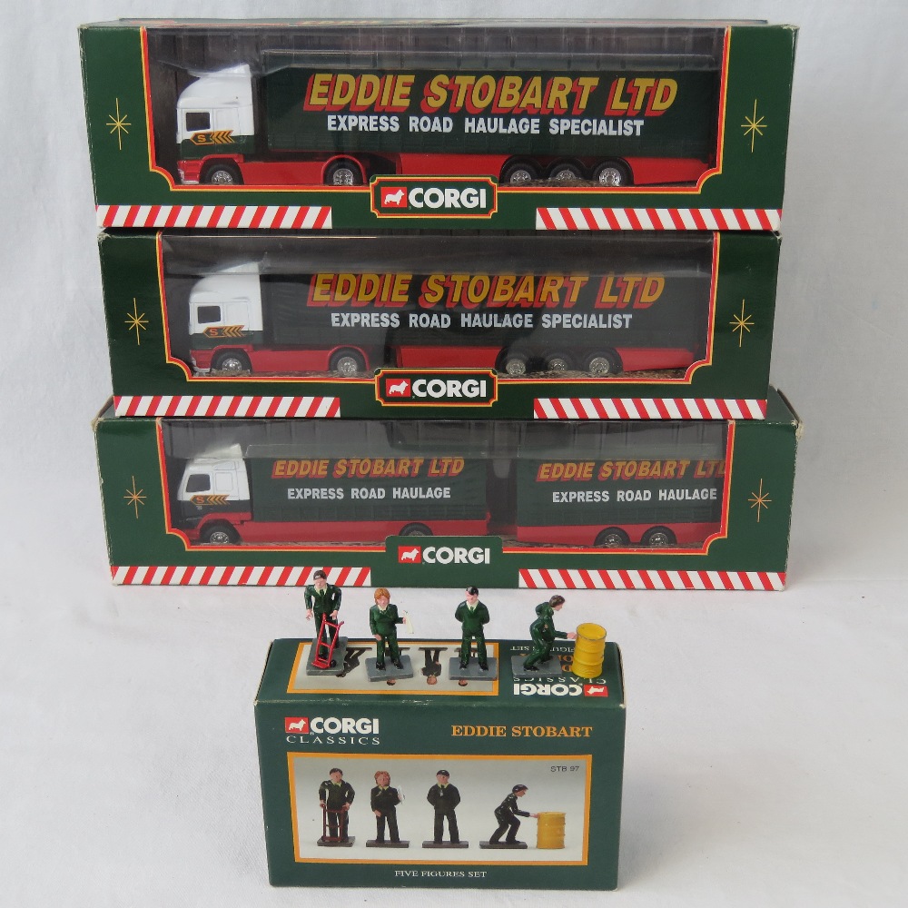 Four sets of Corgi die-cast metal model “Eddie Stobart” vehicles and figures all with original