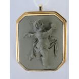 An octagonal lava cameo depicting a cherub set in a yellow metal brooch/pendant frame,