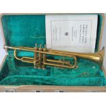 A cased trumpet bearing serial No 630108 upon, box with label for Bill Leington Ltd London upon,