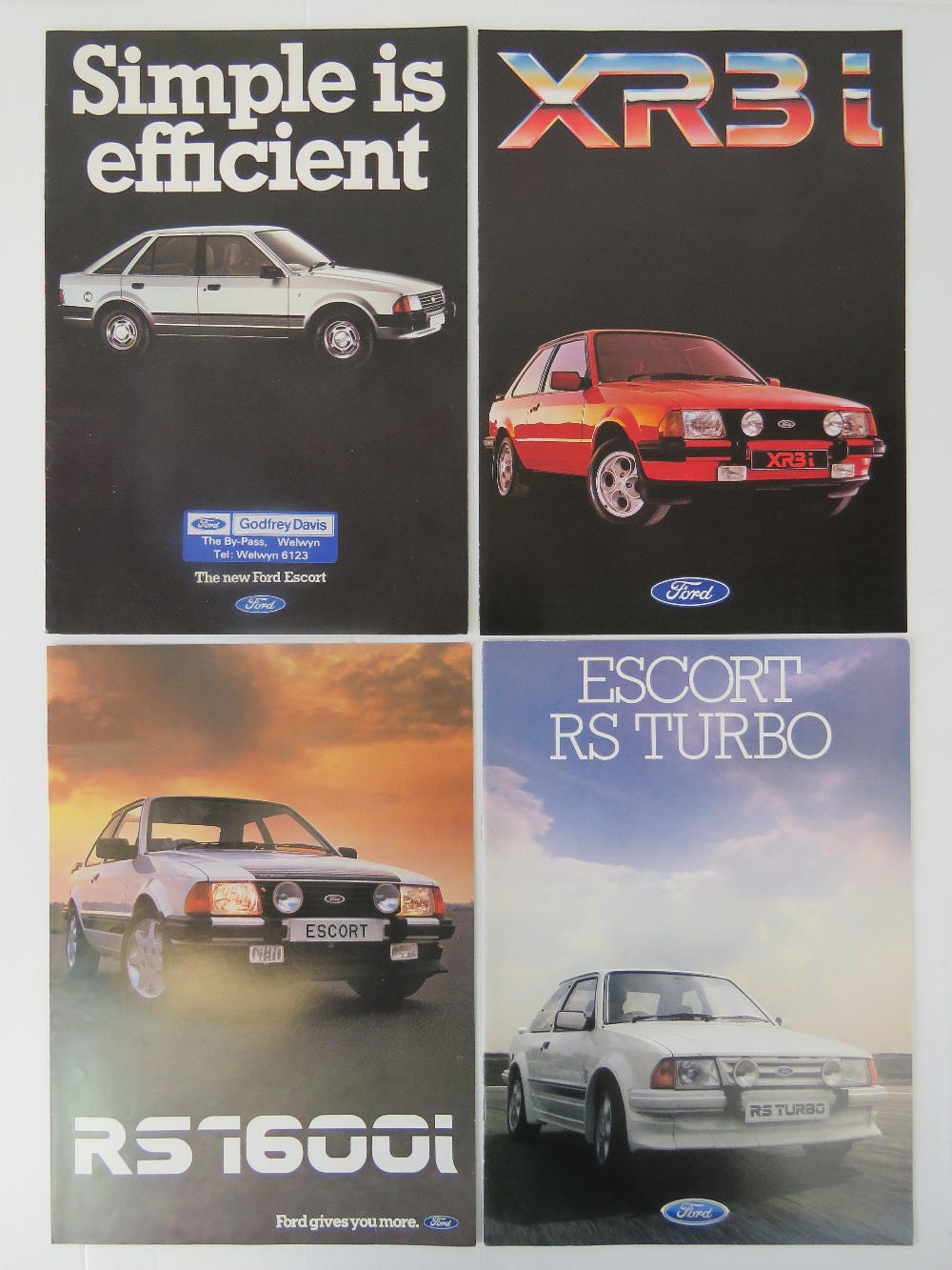 Four as new Ford showroom promotional brochures; Escort RS Turbo, RS 1600i,