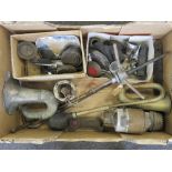 A group of vintage c1920s car spares; including nickel-plated and brass trumpet-horns,