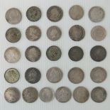 A quantity of twenty-six silver sixpences including Queen Anne, George II, George III and George IV,