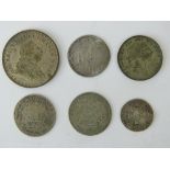 A George II bank token dated 1812, a shilling bank token 1813, two 1812 silver shilling tokens,