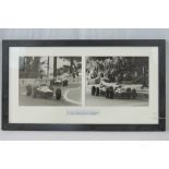 A framed montage comprising two black and white photographic prints featuring John Surtees at the