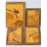 Three fine quality wooden picture panels having inlaid decoration throughout and each measuring 22