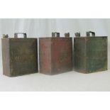 Three pre-war 2-Gallon petrol cans including Pratts Motor Spirit, etc.