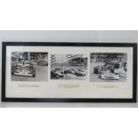 A framed montage comprising three black and white photographs of c1970s Grand Prix;