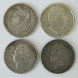 Two George III silver half crowns together with two George IV silver half crowns, 1.8ozt.