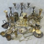 A quantity of silver plated wares including two Walker and Hall tankards,