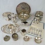 A quantity of silver plated wares including a Garrard biscuit tin, a Garrard tray,