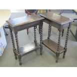 A pair of unusually high Edwardian stained oak barley twist side tables,