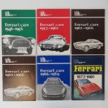 Brooklands Books; six volumes of Ferrari cars 1946-66, 1957-62, 1962-66 (x2), 1966-69, and 1977-81.