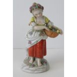 A Sitzendorf figure of a girl with a basket of fruit, 17cm high.