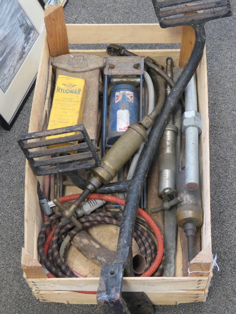 A group of vintage garage tools & equipment c1920s; including Tecalemit & Enots brass grease-guns,