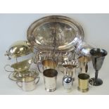 A quantity of assorted silver plated wares including; a Mappin and Webb half pint tankard,