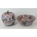 A large early 20th century Cloisonne bowl with scalloped rim and matching apple shaped lidded vase.