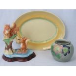 A Clarice Cliff yellow serving plate, a Bretby ware case,