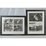 Two framed montages each comprising three and four black and white photographic prints respectively,