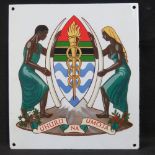 A vintage tin-plate enamelled sign bearing the coat of arms of Tanzania upon. 31cm x 28.