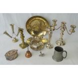 A small selection of assorted metalware including a good epns candlestick, plated tea caddy,