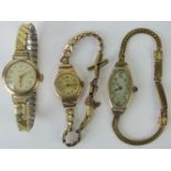 Three 9ct gold ladies manual wind watches with gold plated straps including Avia and Rotary,