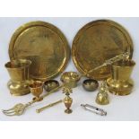 Assorted brassware including Warwick Bear toasting fork, a pair of vases, tray etc.
